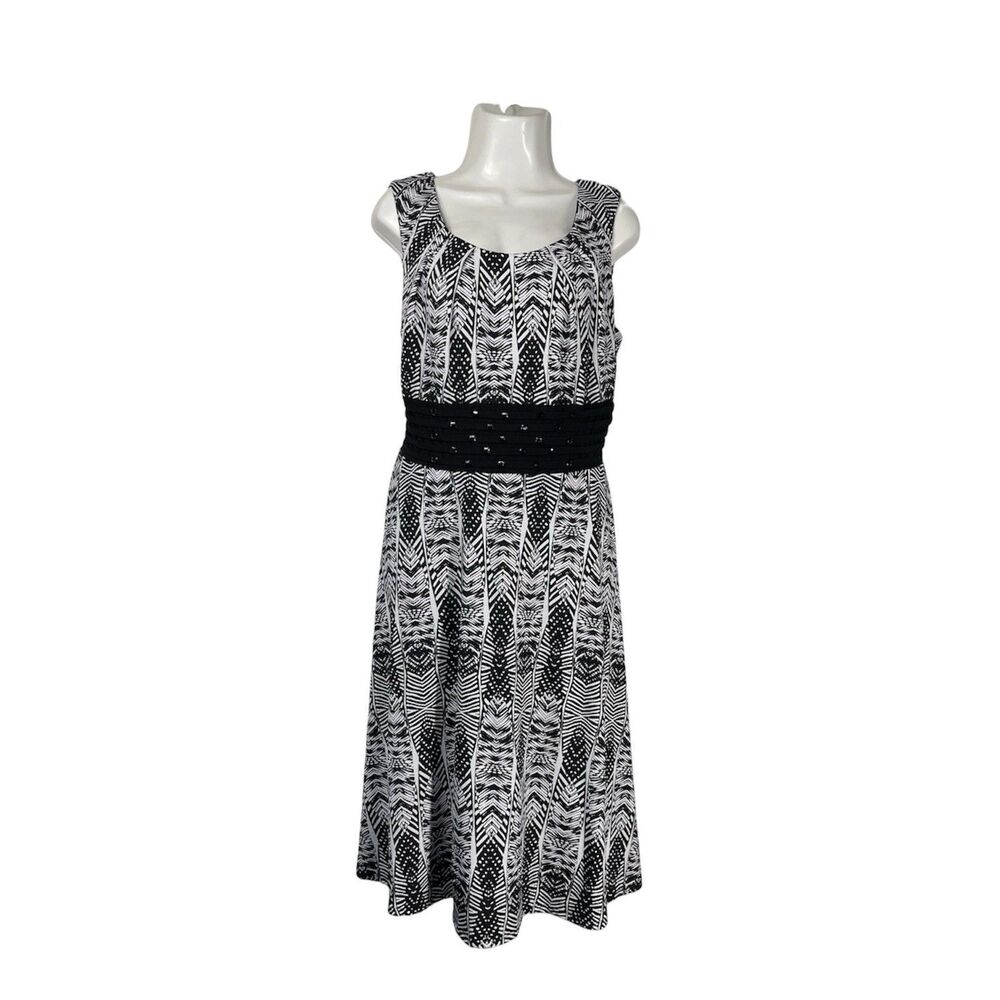 Cato Black White Dress Woman 16 Sleeveless Stretch Knit Beaded Waist Flare Party